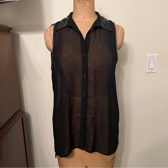 Lush Sheer Beaded Tank Top Button Down Blouse - Picture 1 of 7